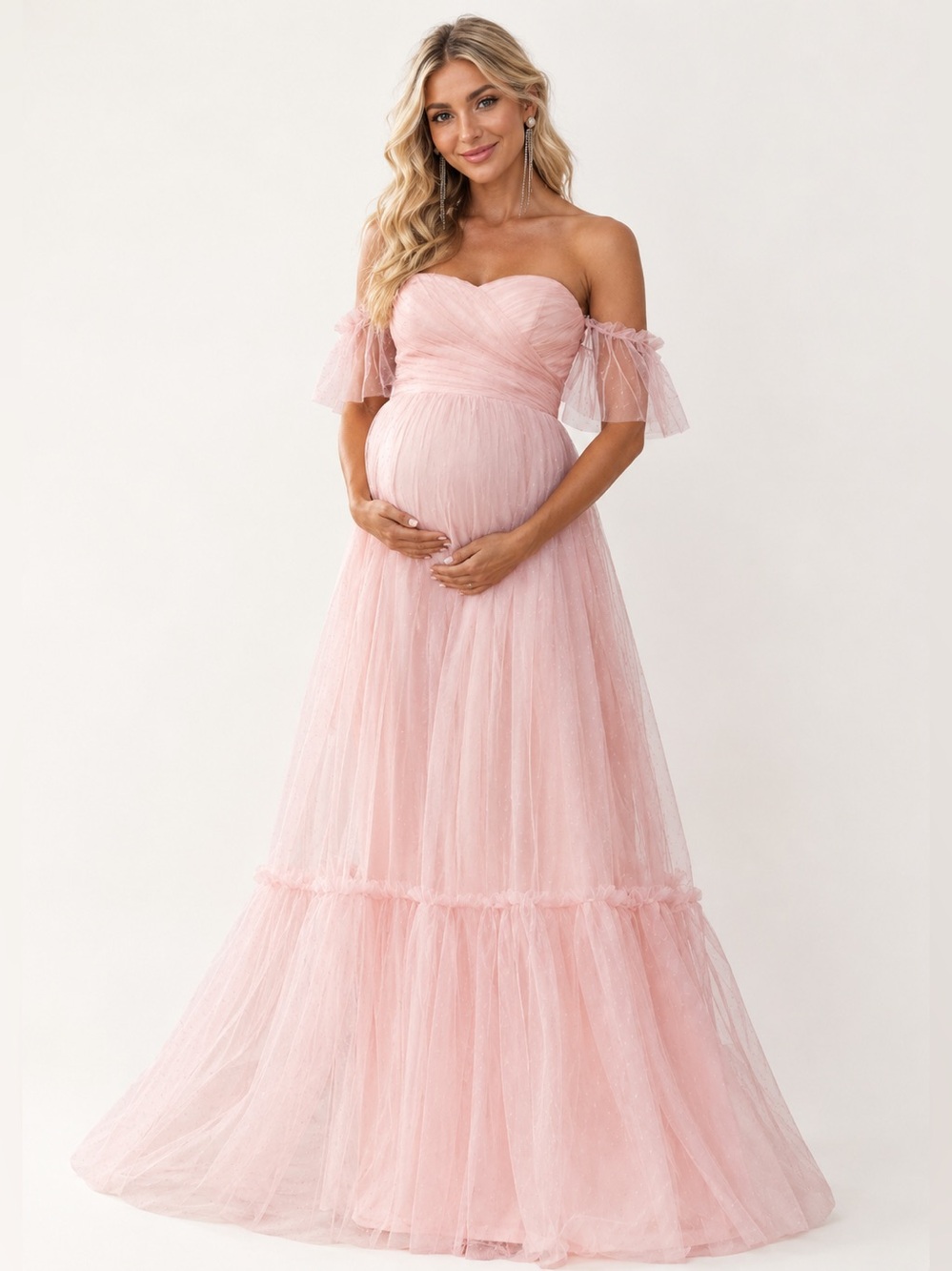Ever Pretty Blush Pink Off-Shoulder Tulle Maxi Dress Maternity Photo Dress XS/Sm